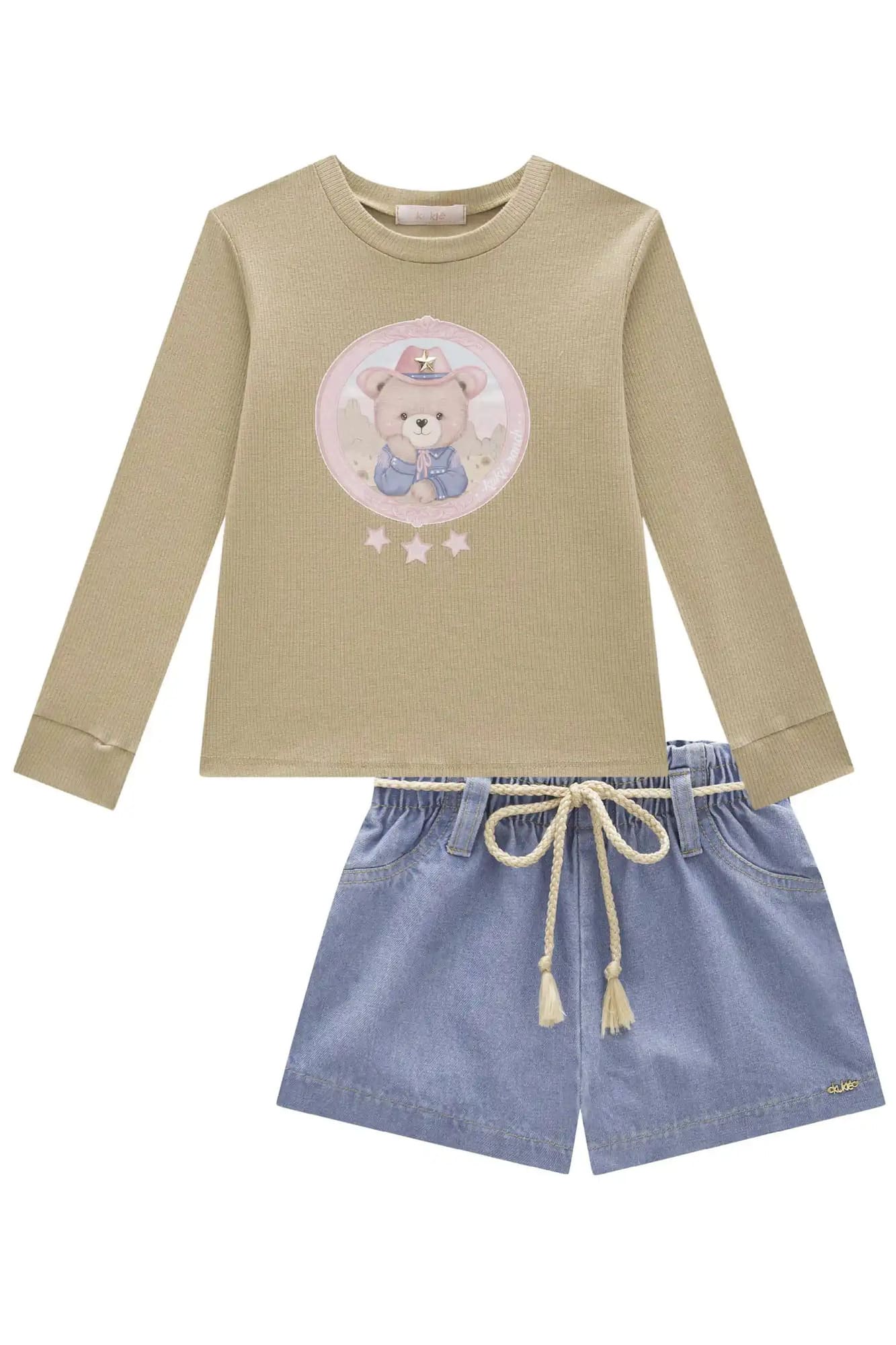 Conjunto Infantil Kukiê Inverno com Shorts Jeans e Blusa Manga Longa Ursinha Country