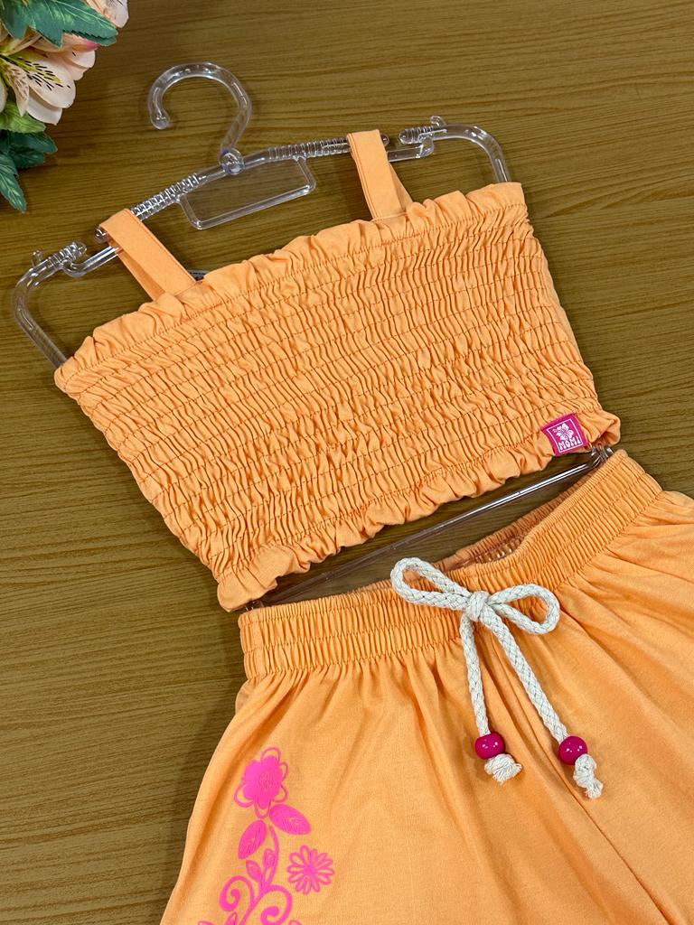 Conjunto Infantil Momi Verão Com Short e Cropped Laranja Flores