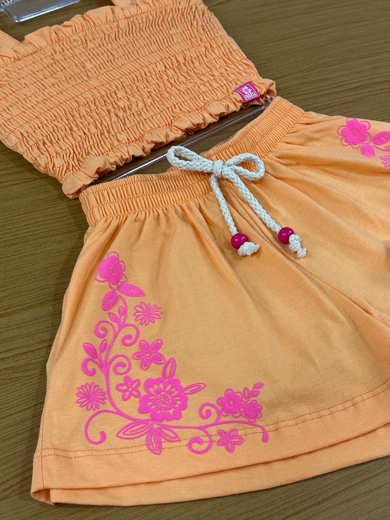 Conjunto Infantil Momi Verão Com Short e Cropped Laranja Flores