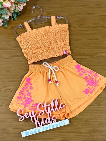 Conjunto Infantil Momi Verão Com Short e Cropped Laranja Flores