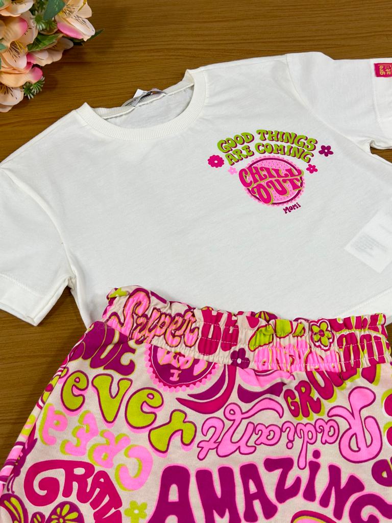 Conjunto Infantil Momi Verão Com Shorts e Blusa Frases Coloridas