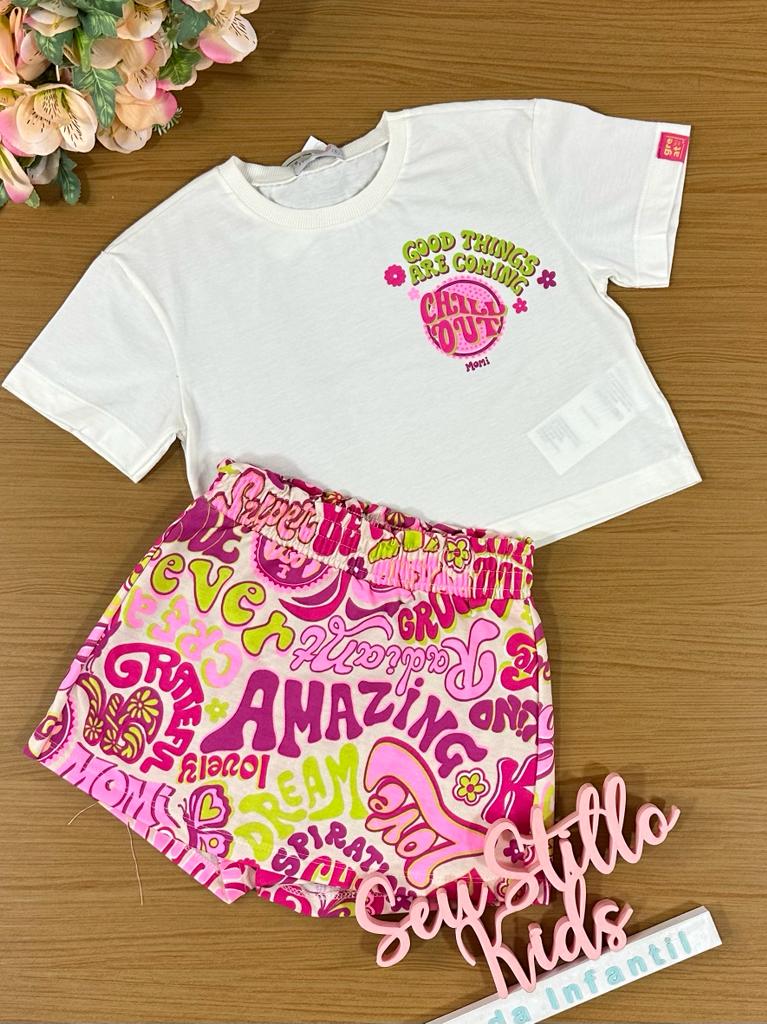 Conjunto Infantil Momi Verão Com Shorts e Blusa Frases Coloridas