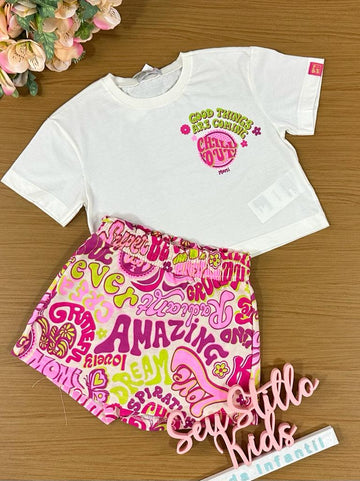 Conjunto Infantil Momi Verão Com Shorts e Blusa Frases Coloridas