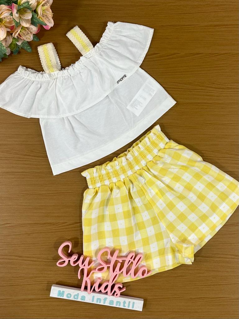 Conjunto Infantil Momi Verão Com Shorts Xadrez e Blusa Branca Piquenique