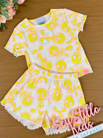 Pijama Infantil Momi Verão Com Shorts e Blusa Piu Piu Neon