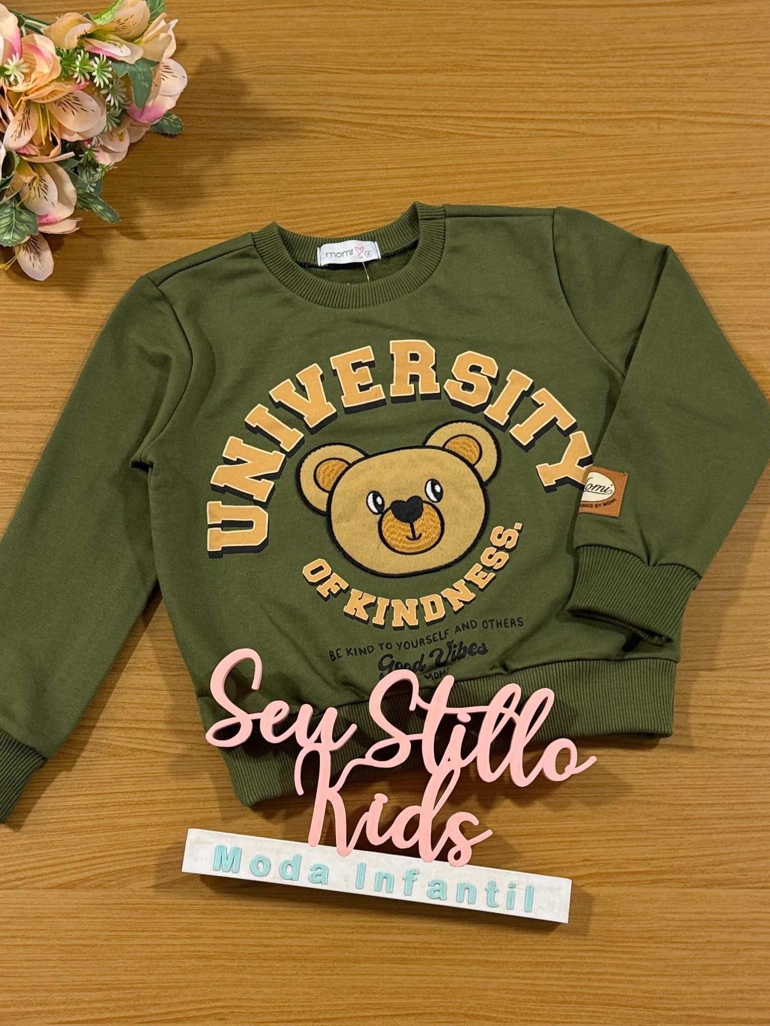 Moletom Infantil Momi Inverno Verde Militar Urso