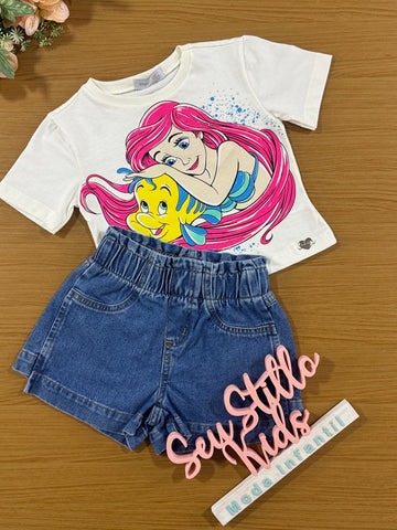 Conjunto Infantil Momi Verão Shorts Jeans e Blusa Pequena Sereia Disney
