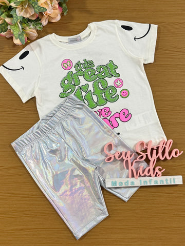 Conjunto Infantil Momi Verão Shorts Ciclista Holográfico Blusa Smile