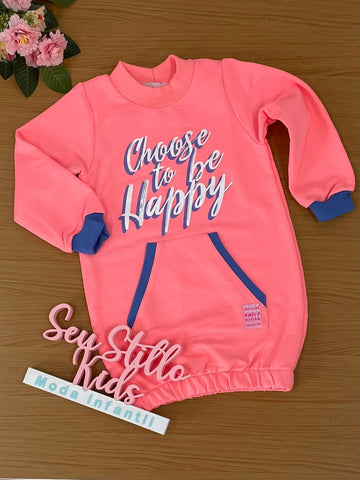 Vestido Mon Sucré Inverno Coral Happy Manga Longa