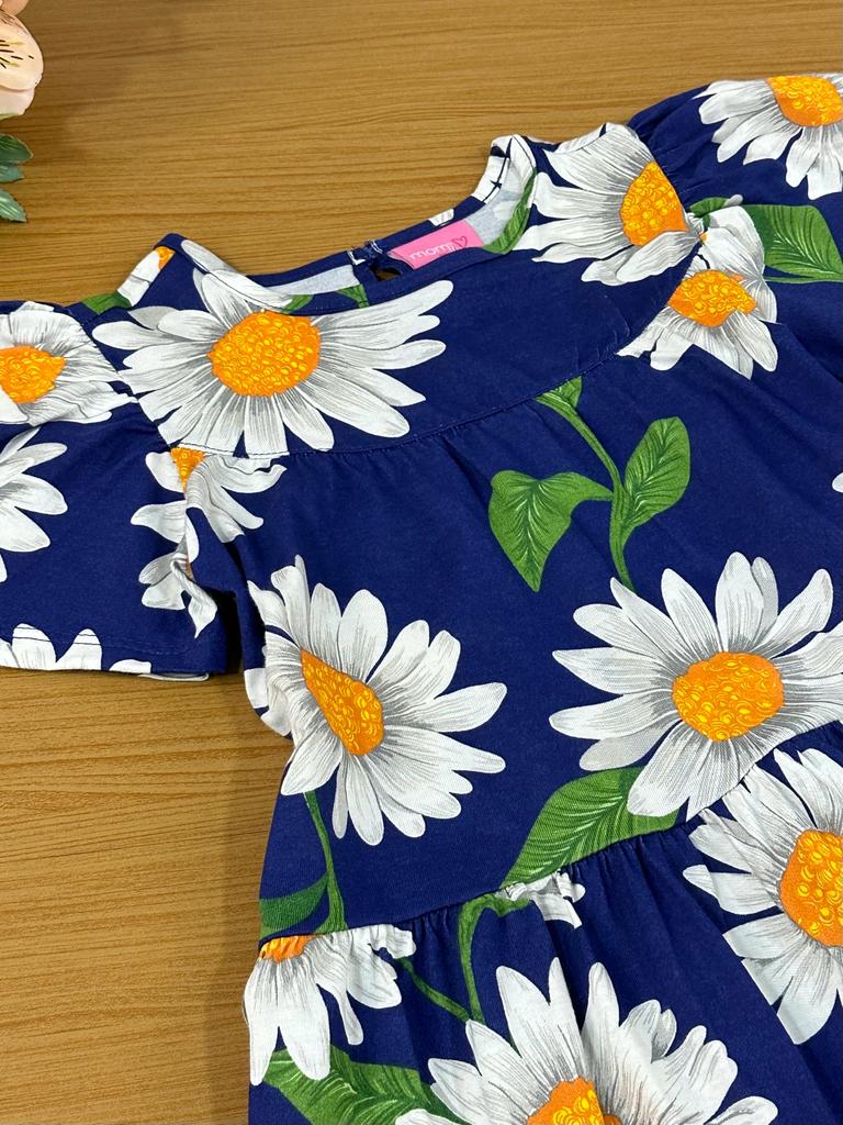 Vestido Infantil Momi Verão Manga Curta Azul Margarida