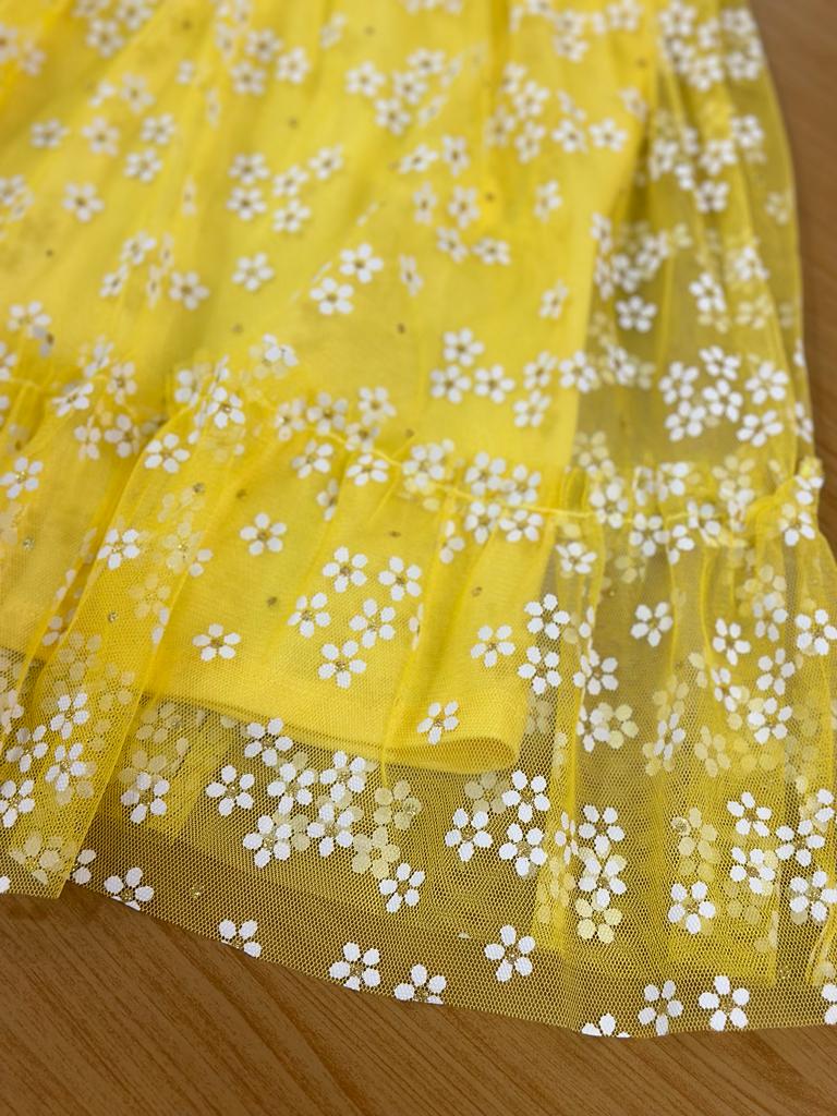 Vestido Infantil Momi Verão Manga Curta Amarelo Flores