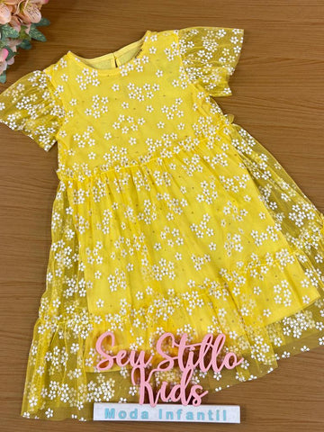 Vestido Infantil Momi Verão Manga Curta Amarelo Flores