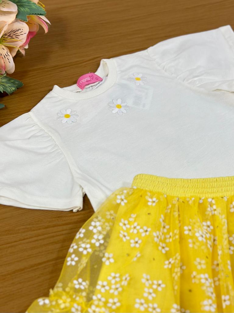 Conjunto Infantil Momi Verão Com Saia e Blusa Branca Flores Margarida