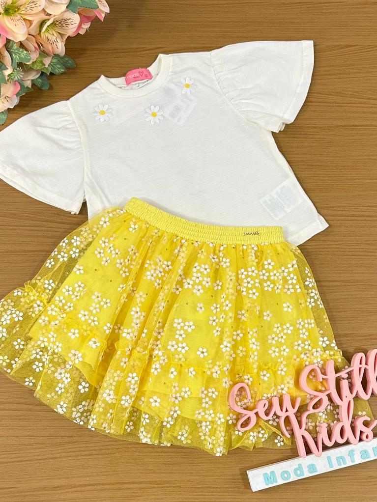 Conjunto Infantil Momi Verão Com Saia e Blusa Branca Flores Margarida