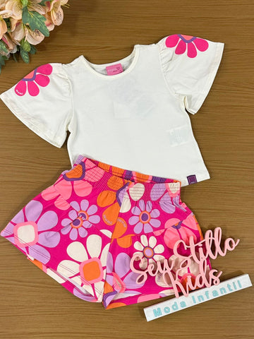 Conjunto Infantil Momi Verão Com Shorts e Blusa Flores Coloridas