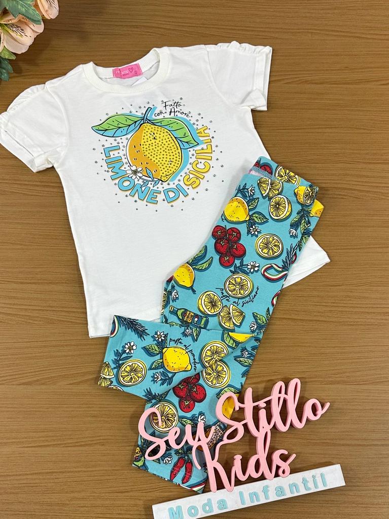 Conjunto Infantil Momi Verão Com Bermuda e Blusa Branca Limãozinho
