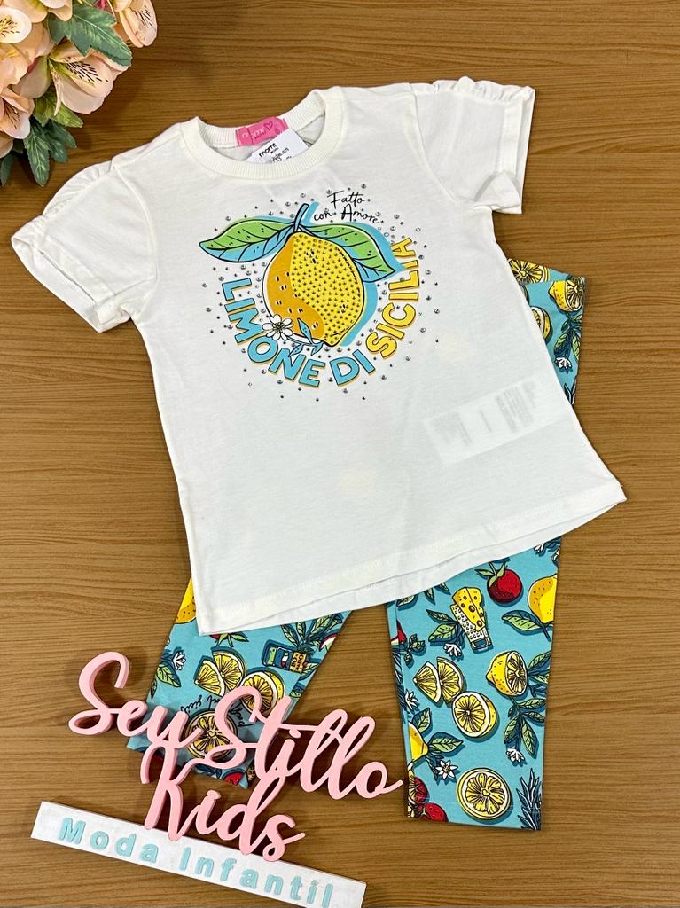 Conjunto Infantil Momi Verão Com Bermuda e Blusa Branca Limãozinho