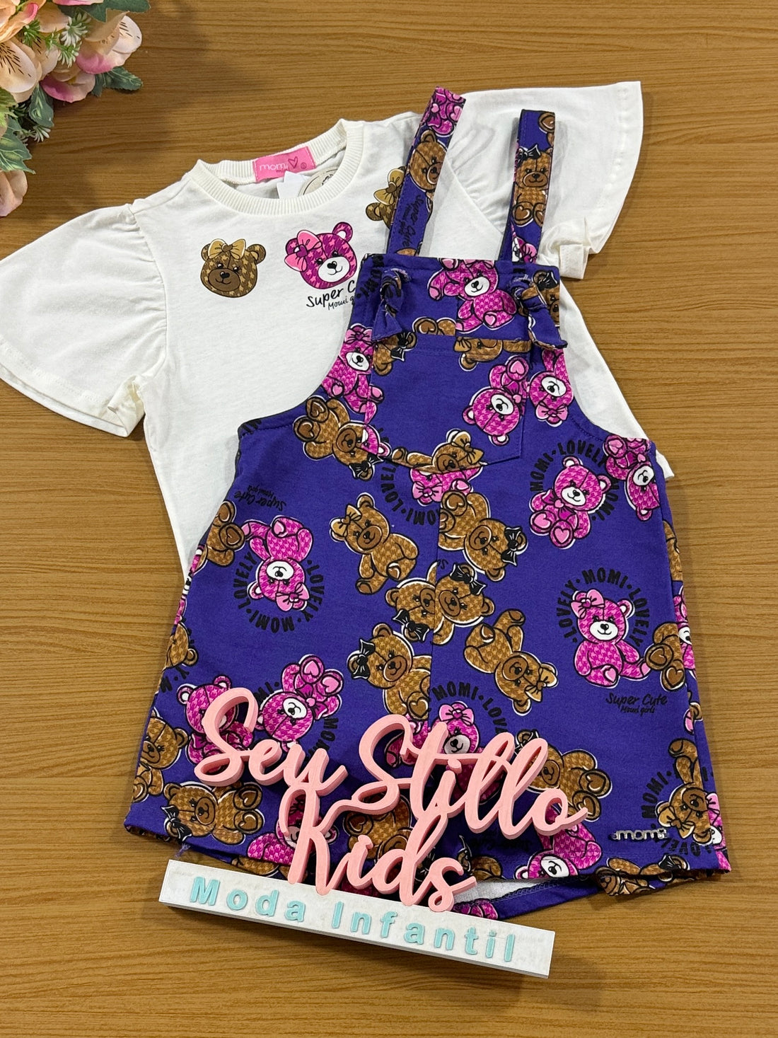 Jardineira Infantil Momi Inverno Roxa Urso Teddy com Blusa Manga Curta