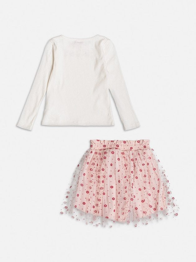 Conjunto Infantil Momi Inverno Saia Florzinhas e Blusa Manga Longa Branca