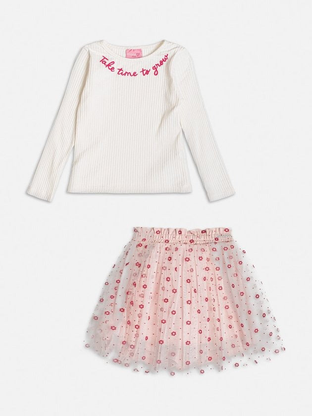 Conjunto Infantil Momi Inverno Saia Florzinhas e Blusa Manga Longa Branca