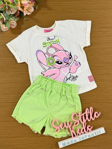 Conjunto Infantil Momi Verão Shorts Jeans Verde e Blusa Angel Stitch