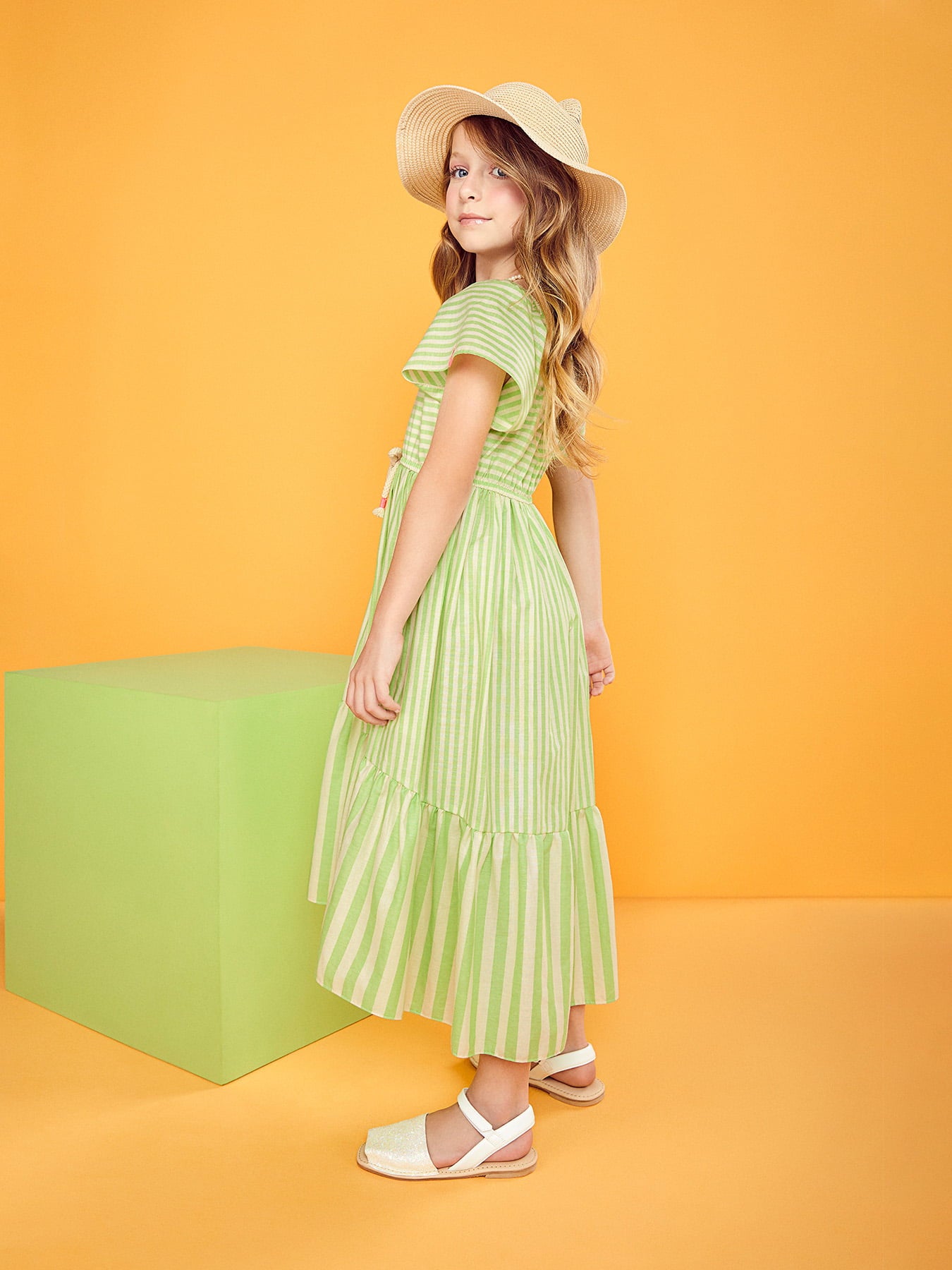 Vestido Infantil Momi Verão Midi Listrado Menta