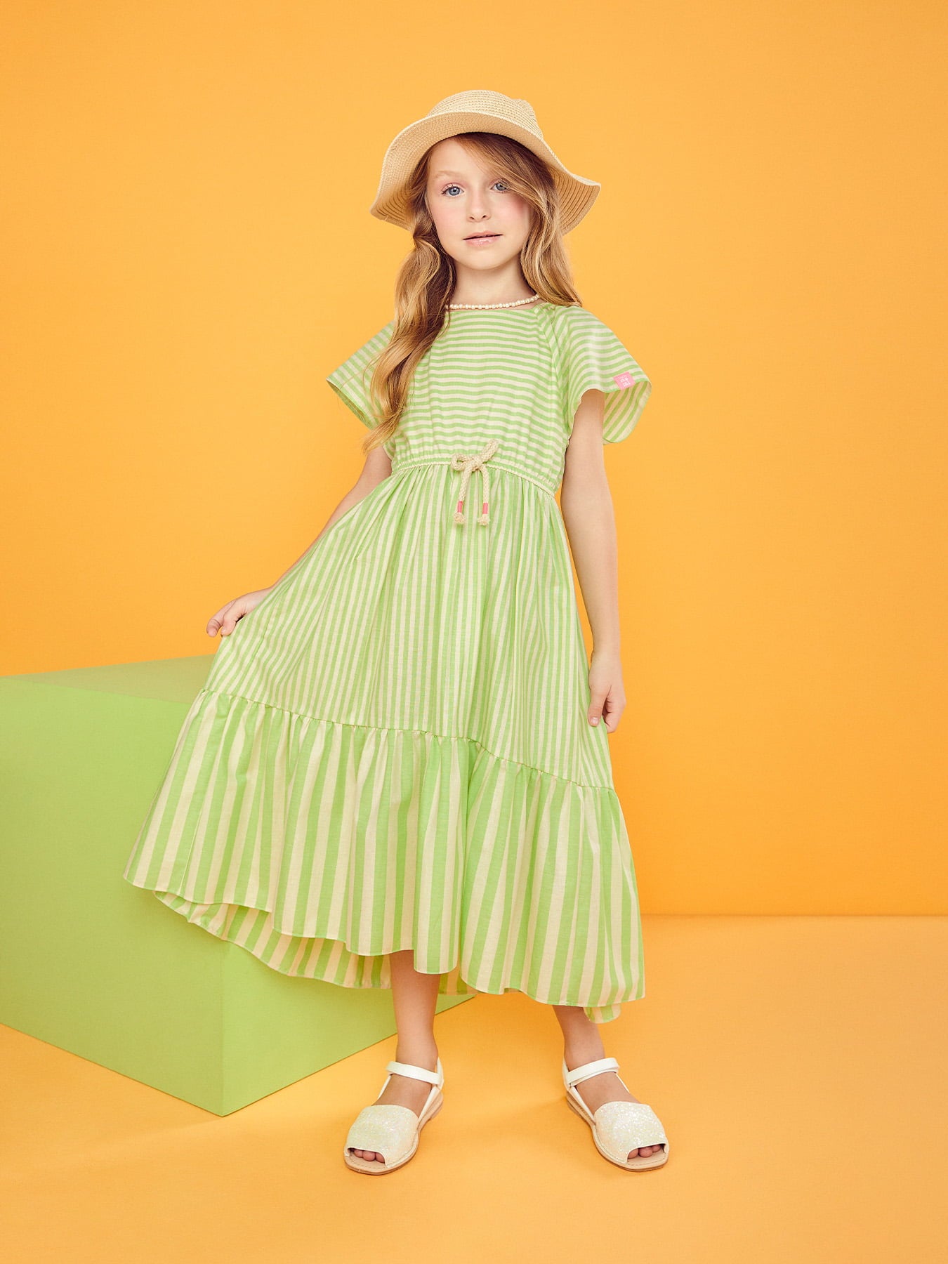 Vestido Infantil Momi Verão Midi Listrado Menta