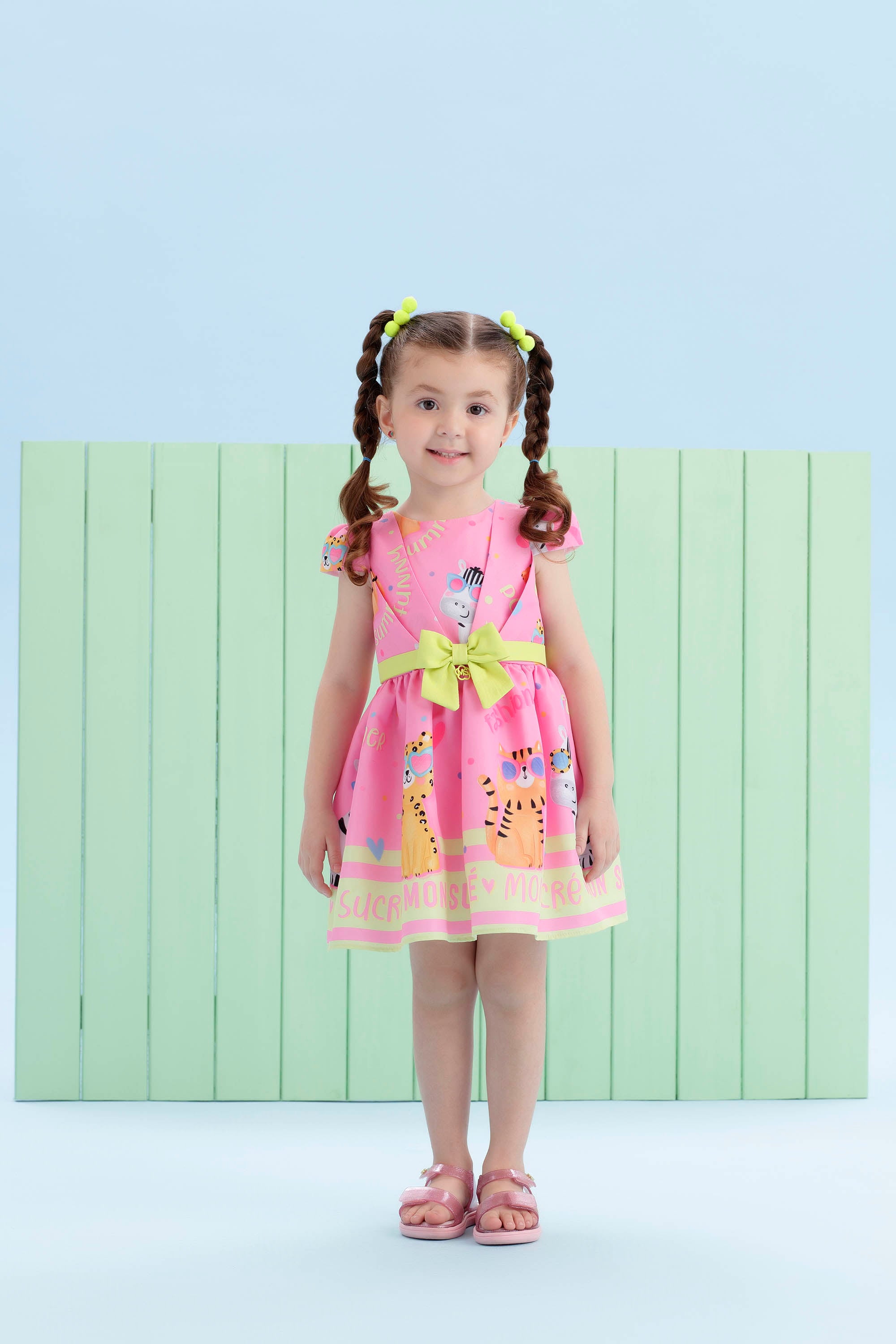 Vestido Infantil Mon Sucré Verão Festa Pink Zoo