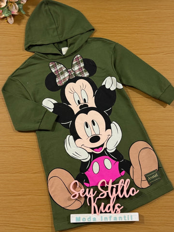 Vestido Infantil Animê Inverno Verde Militar Mickey and Minnie Disney