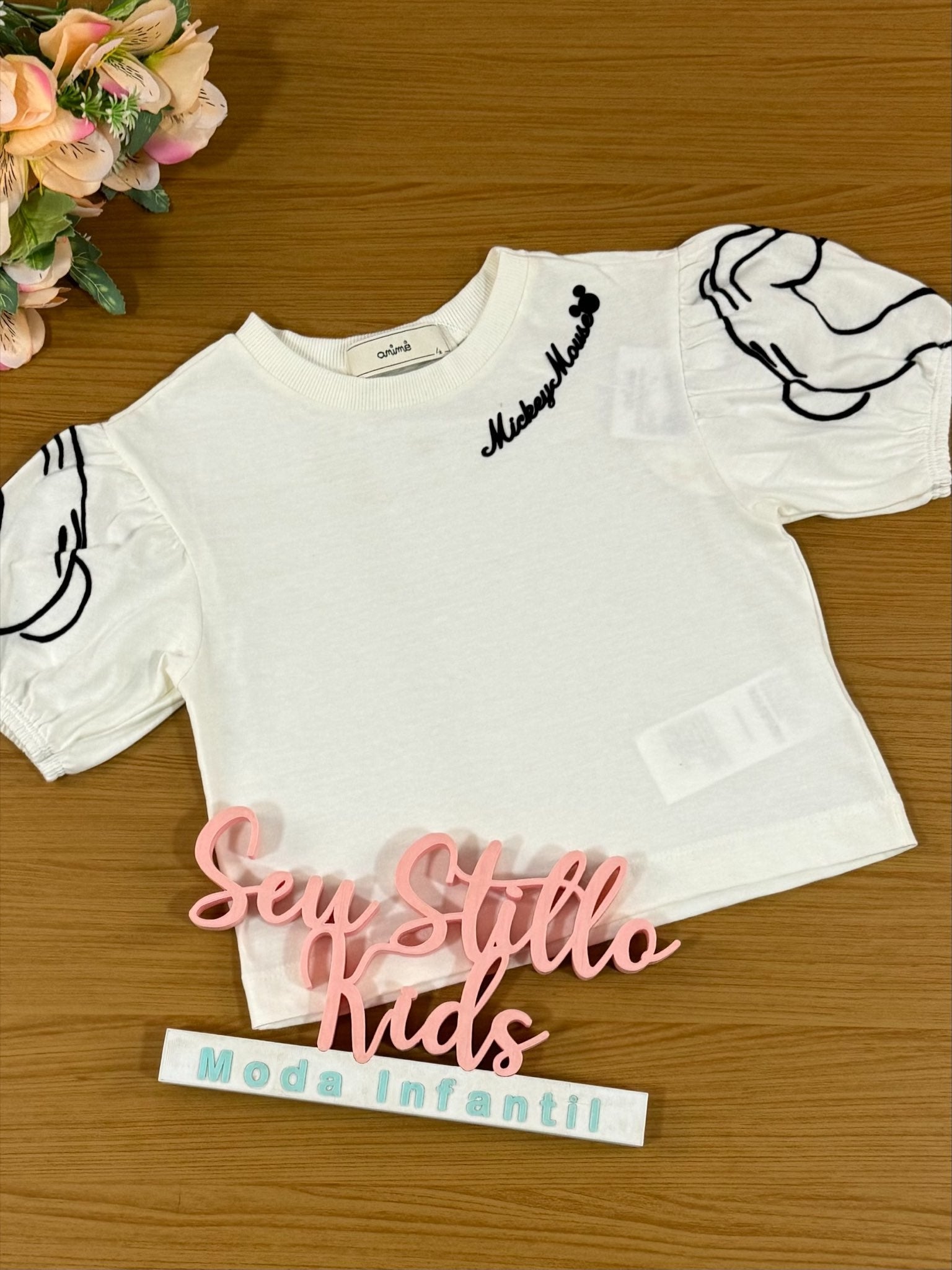 Blusa Infantil Animê Inverno Manga Curta Off White Mickey Disney