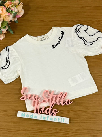 Blusa Infantil Animê Inverno Manga Curta Off White Mickey Disney