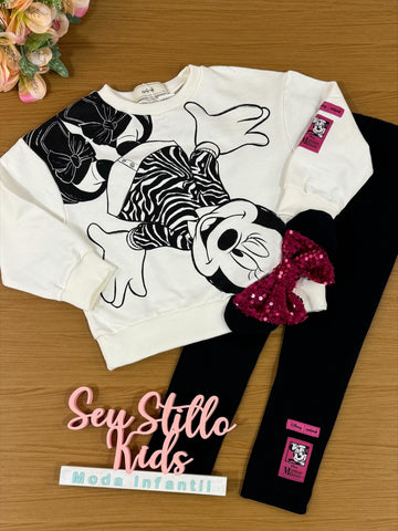 Conjunto Infantil Animê Inverno com Legging e Moletom Minnie Laço Disney