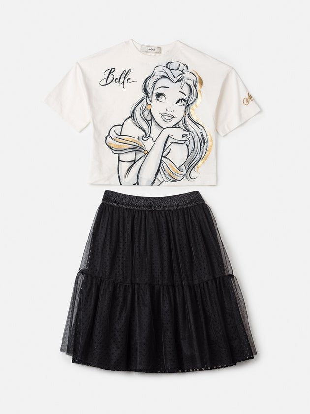 Conjunto Infantil Animê Inverno Saia Preta e Blusa Manga Curta Bella Disney