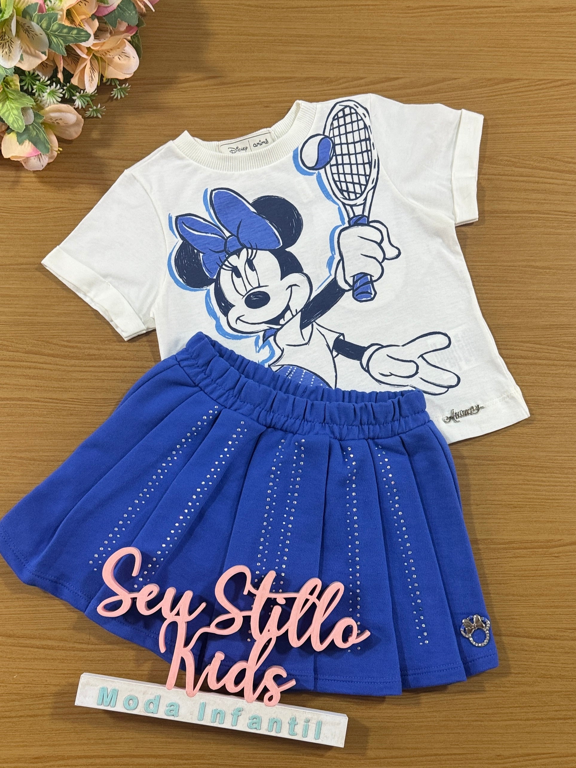 Conjunto Infantil Anime Verão Shorts Saia Azul e Blusa Minnie Disney