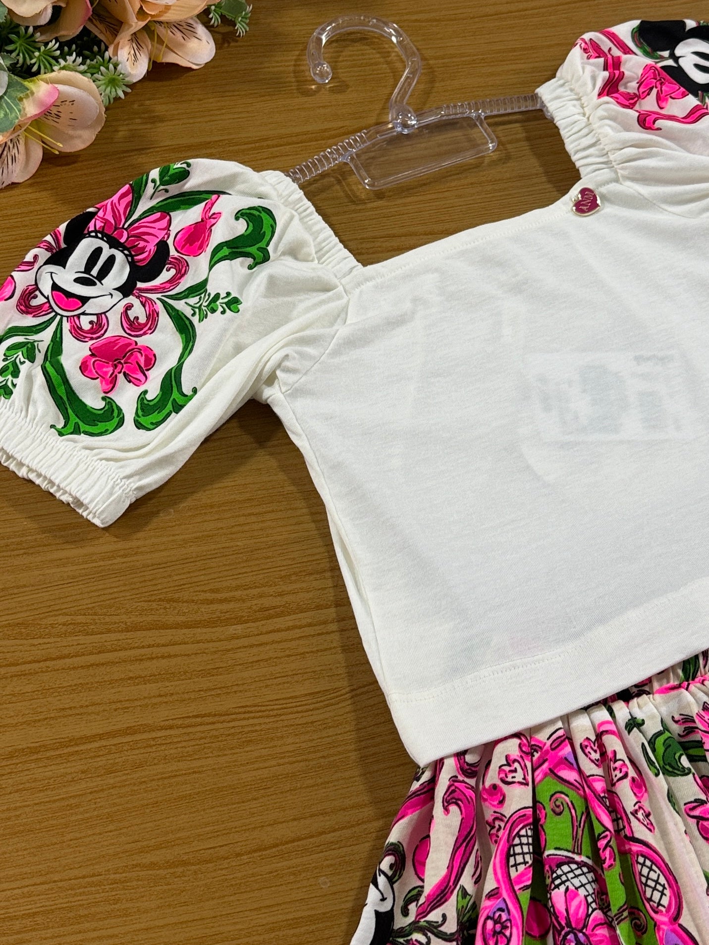 Conjunto Infantil Animê Verão Saia Rosa Minnie e Blusa Off Disney