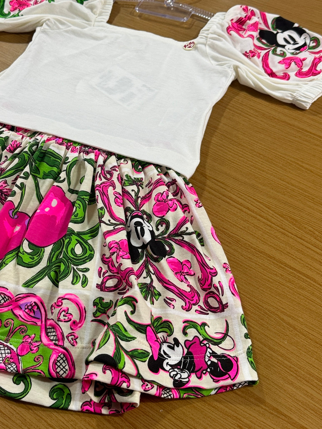 Conjunto Infantil Animê Verão Saia Rosa Minnie e Blusa Off Disney