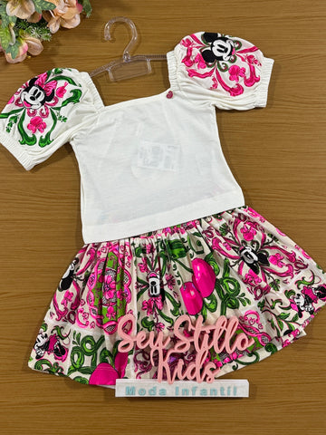 Conjunto Infantil Animê Verão Saia Rosa Minnie e Blusa Off Disney