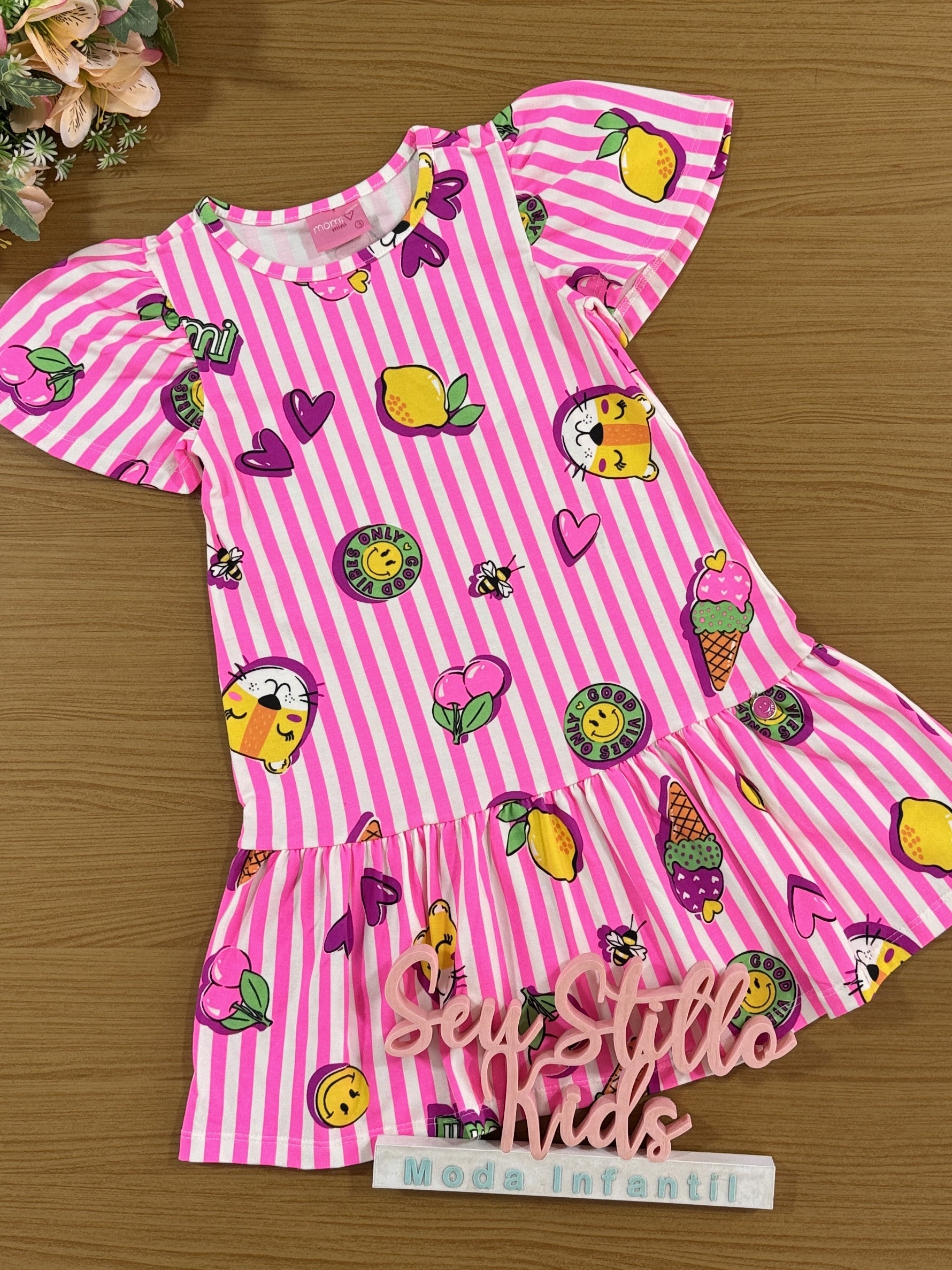 Vestido Infantil Momi Verão Rosa Listrado