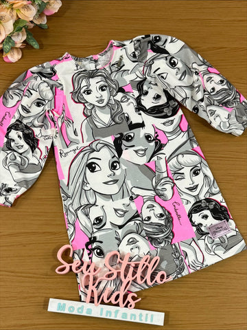 Vestido Infantil Animê Inverno Manga Longa Princesas Disney