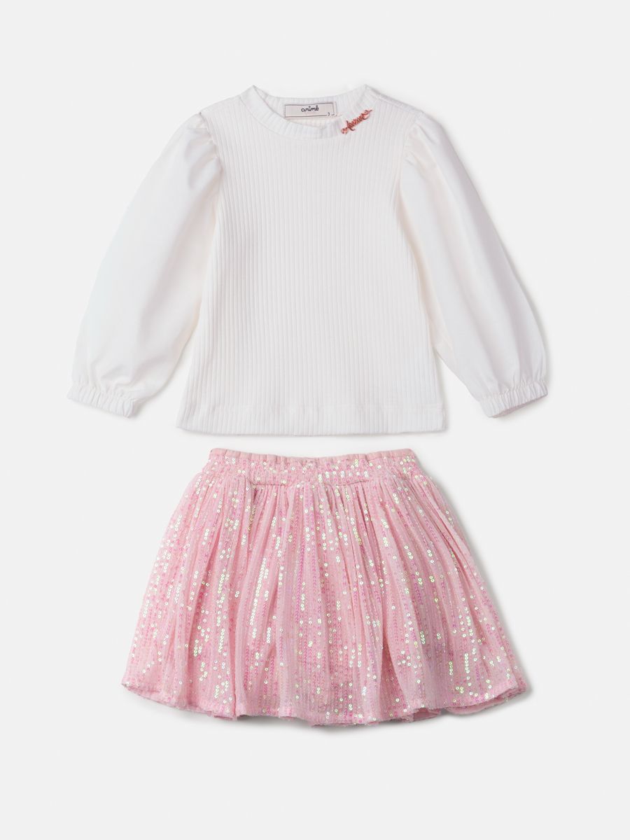 Conjunto Infantil Animê Inverno com Saia Rosa Paetê e Blusa