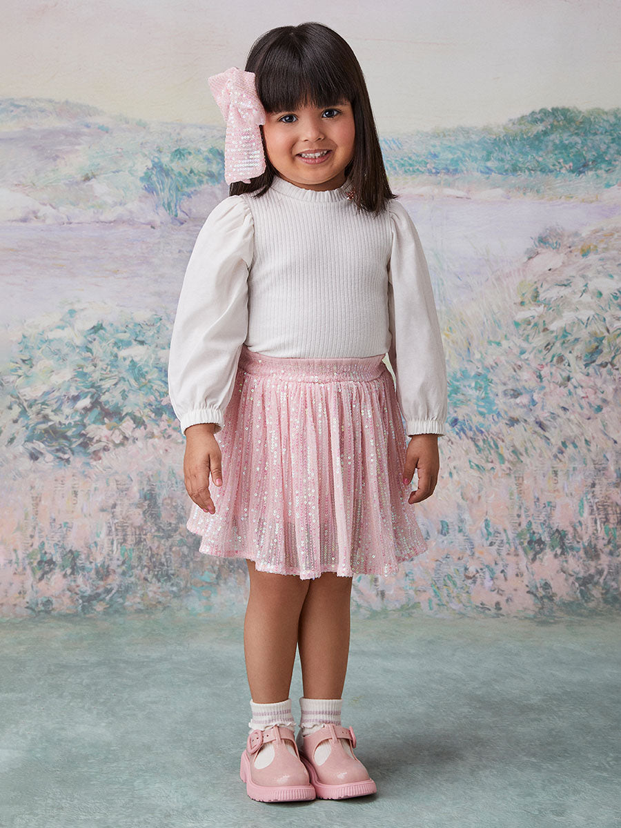 Conjunto Infantil Animê Inverno com Saia Rosa Paetê e Blusa