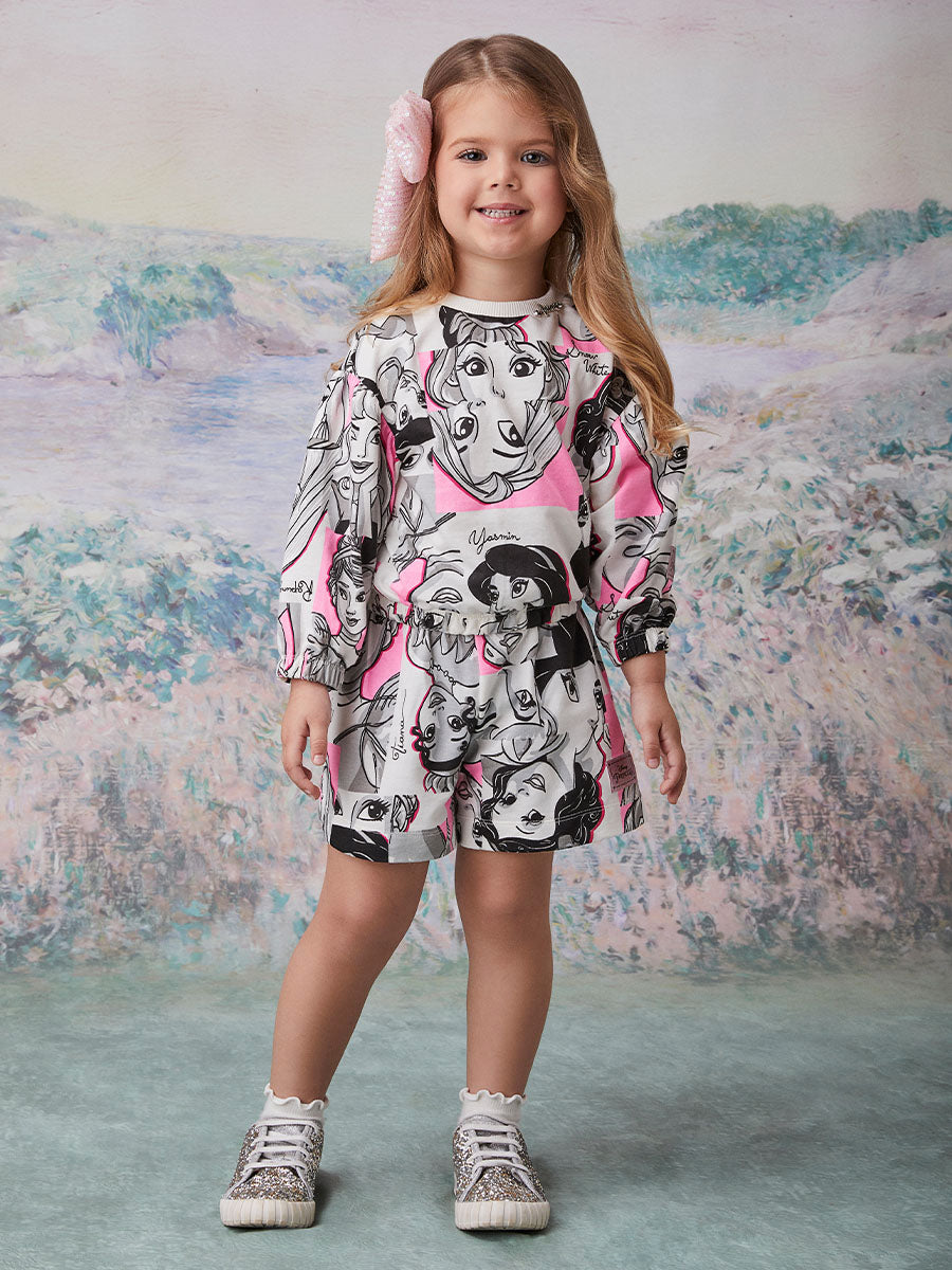 Conjunto Infantil Animê Inverno com Shorts e Blusa Princesas Disney