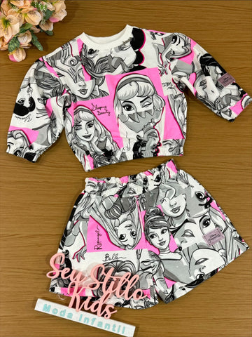 Conjunto Infantil Animê Inverno com Shorts e Blusa Princesas Disney
