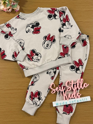 Conjunto Infantil Animê Inverno Calça Bege e Moletom Sem Flanela Minnie Disney