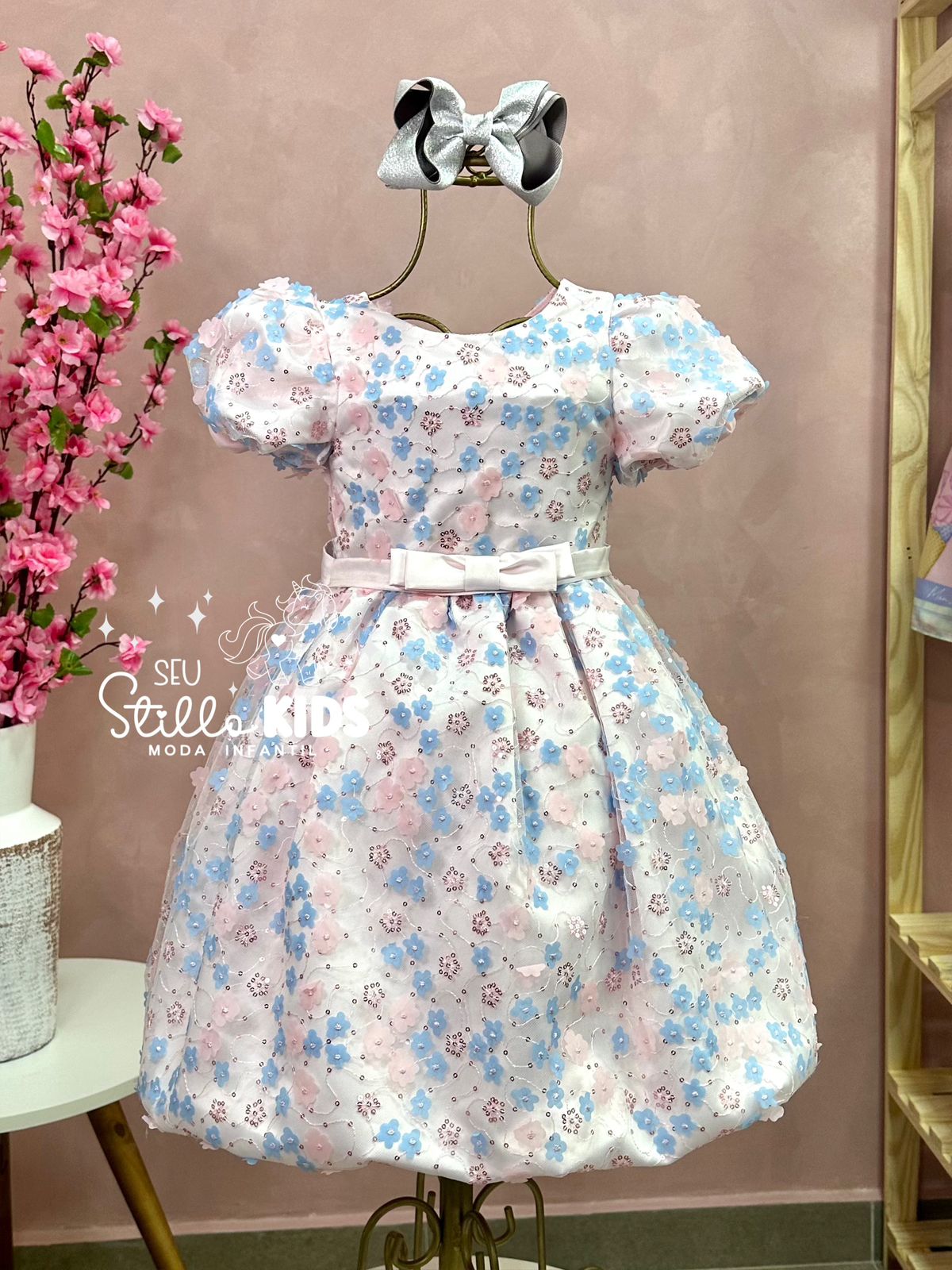 Vestido de Festa Infantil Petit Cherie Inverno Flores Com Paetê