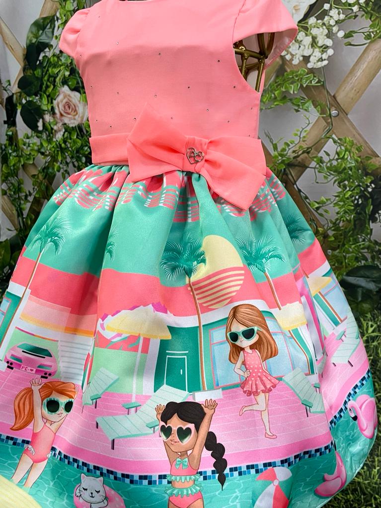 Vestido de Festa Infantil Petit Cherie Verão Salmão Diversão