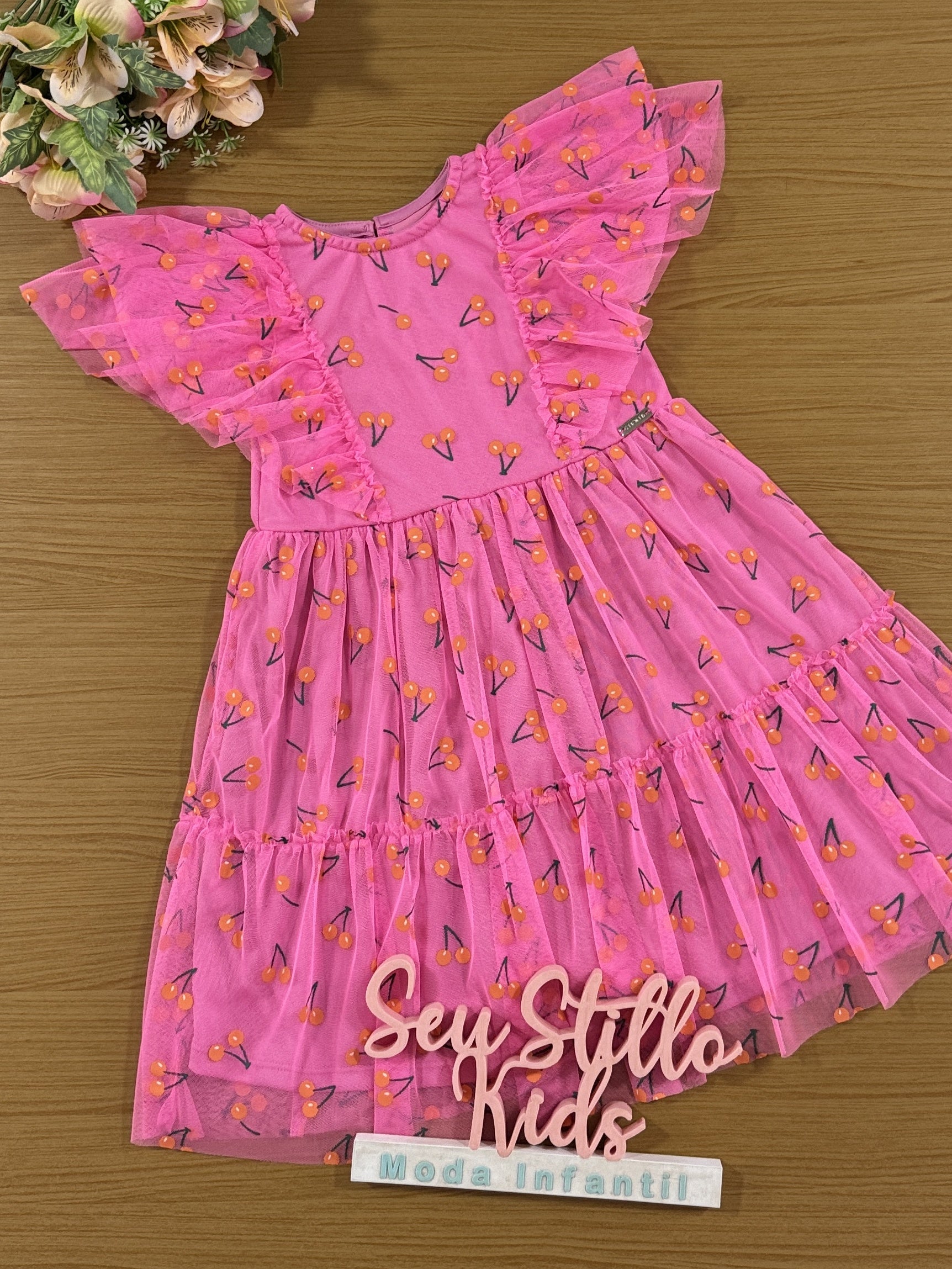 Vestido Infantil Momi Verão Rosa Tule Cereja